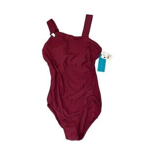 Aqua Green One Piece Bathing Suit Size Medium Slant Front Burgundy High Leg NWT